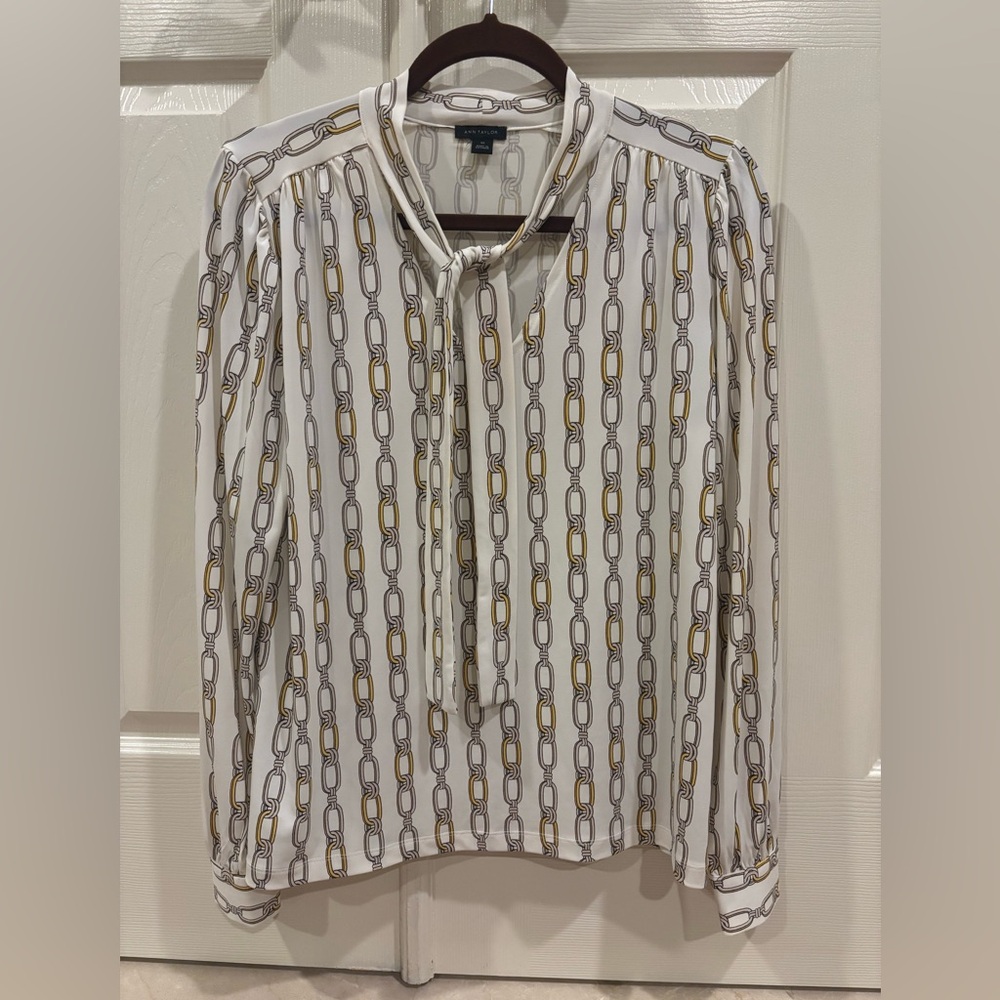 Ann Taylor White and Gold Long Sleeve Tie Front Blouse